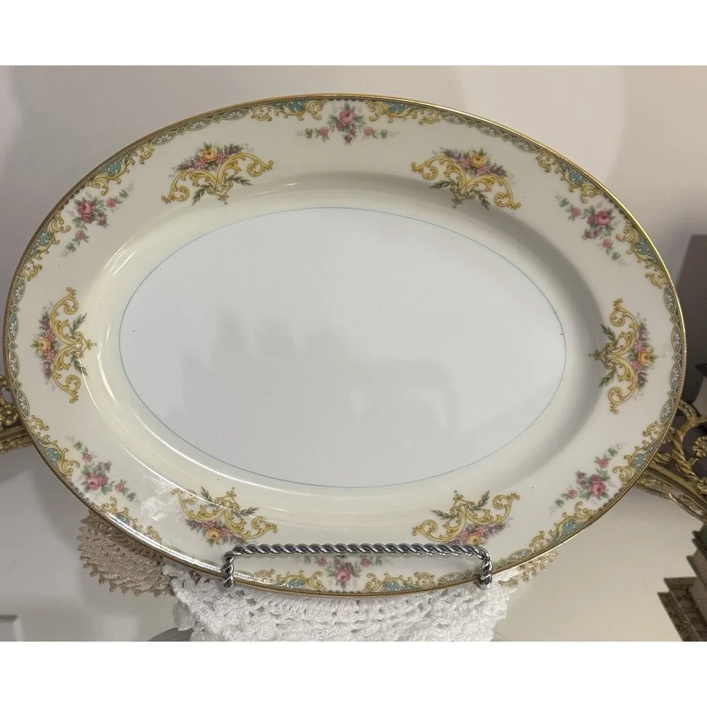 1933 Vintage Noritake Gloria 13 1/2 in Oval Sewrving Platter Green Yellow Floral